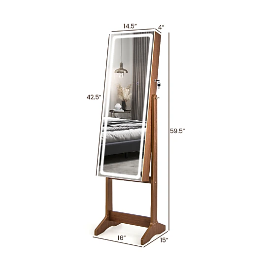 SUGIFT 59.5-in Walnut Lockable Standing Jewelry Armoire with Lighted Full-Length Mirror 16-in W 15-in D