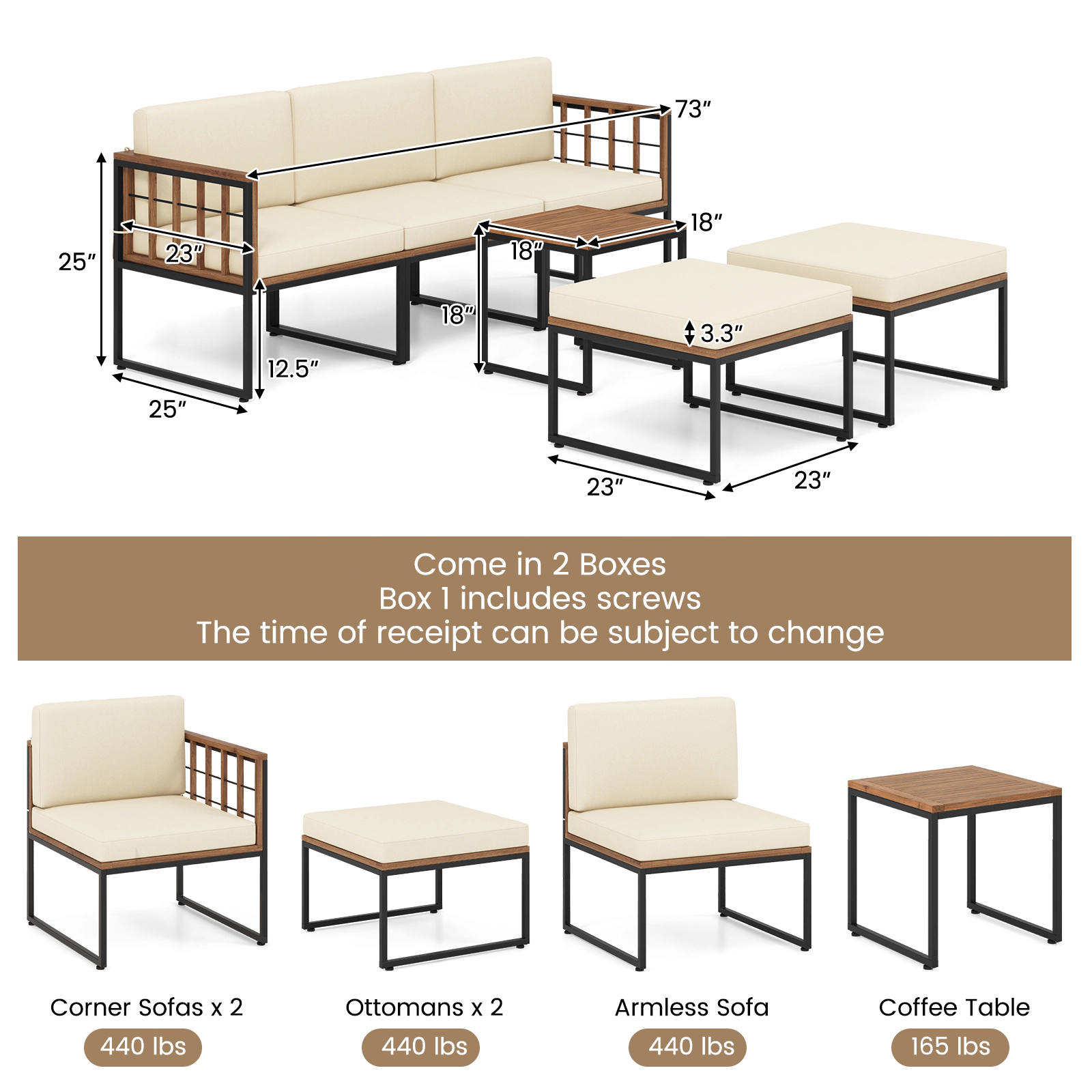 LJG 6 Pieces Acacia Wood Patio Furniture Set with Coffee Table and Ottomans