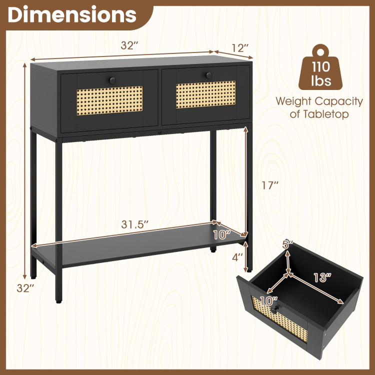 Hivvago Rattan Console Table Boho Entryway With 2 Drawers And Open Storage Shelf