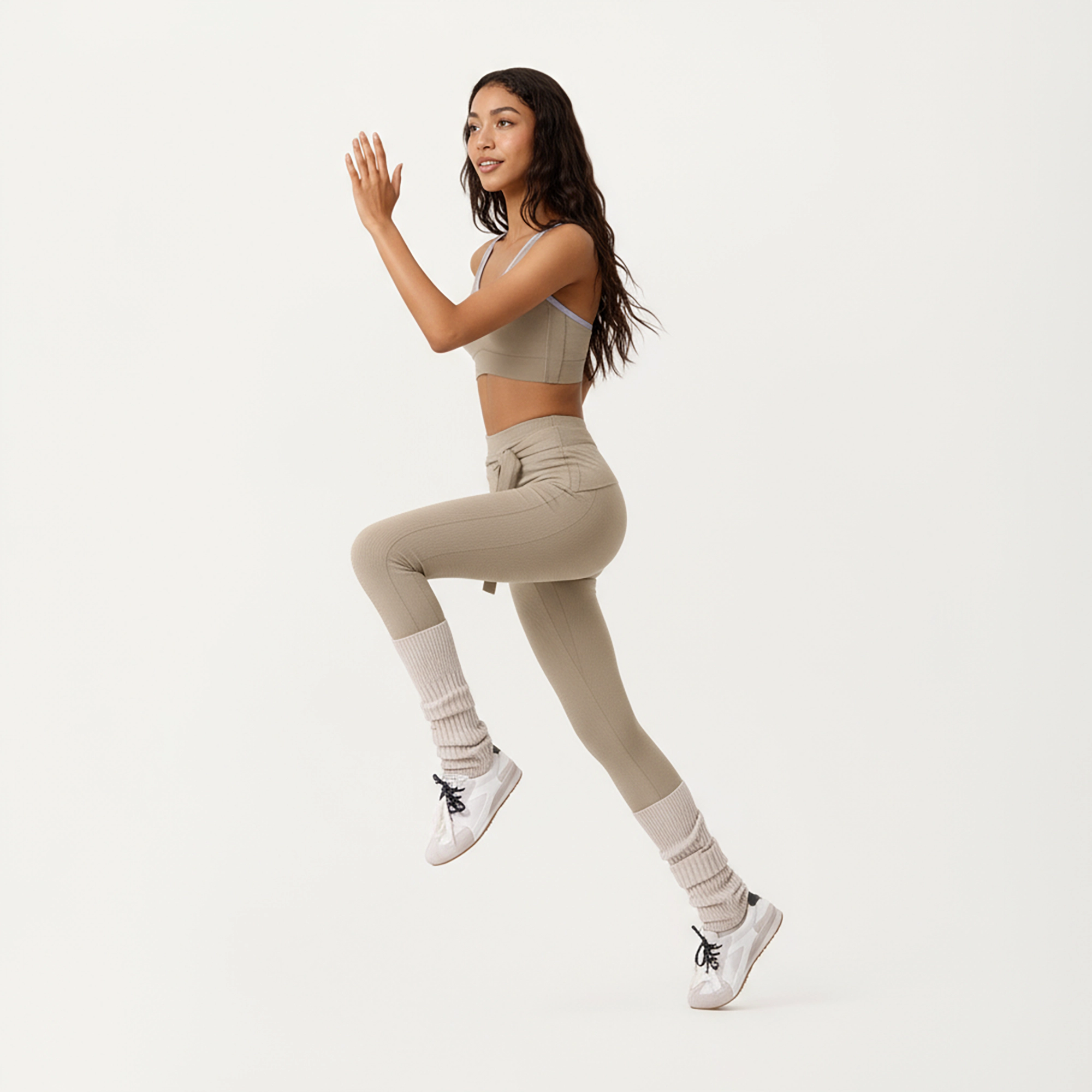 Anna-Kaci Active Women's Ribbed Knit High Waist Leggings with Wrap Tie Waistband and Contrast Cuffed Hem