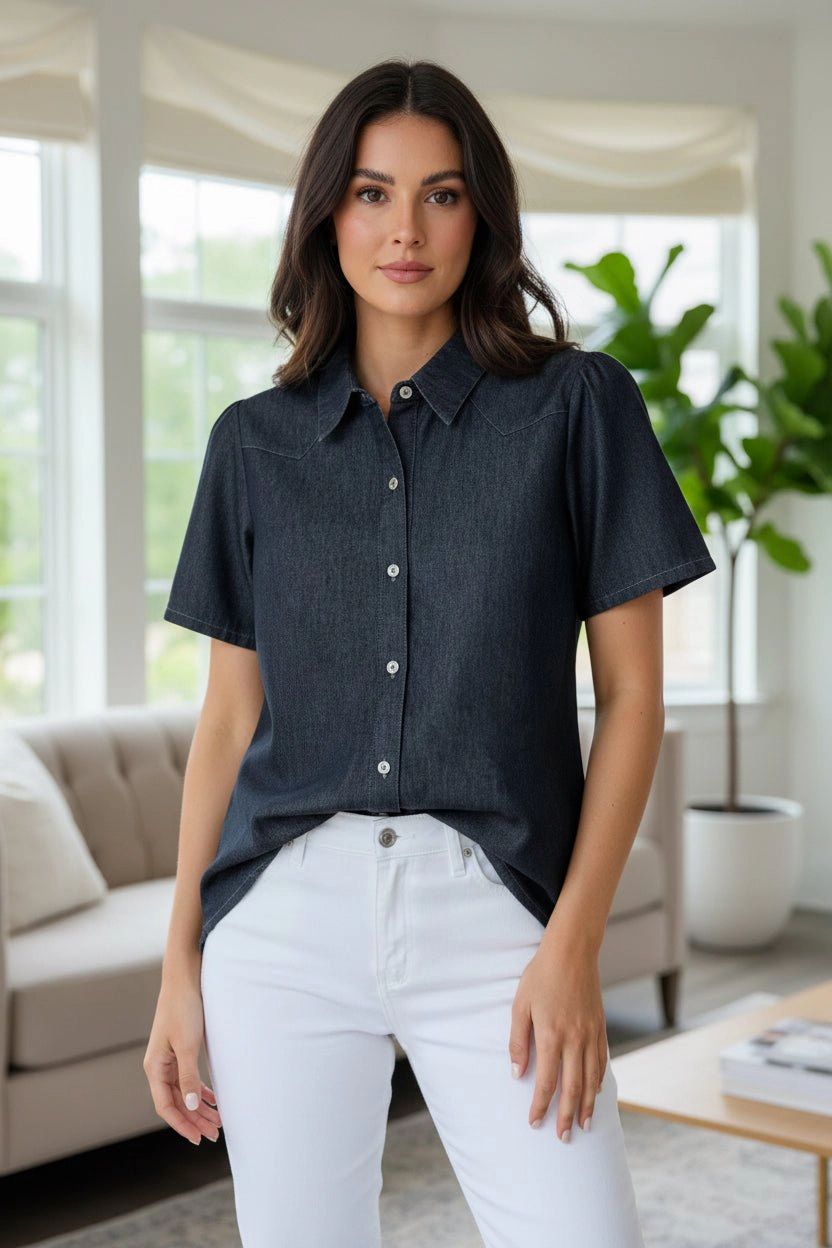 DressAtR Women's Black Denim Half Sleeve Button Up Collar Shirt