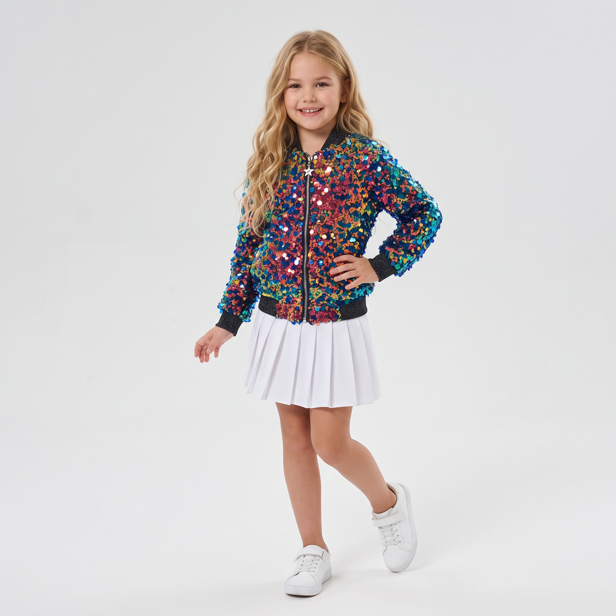 2Bunnies Girls' 5Y-10Y Fiesta Glow Sparkle Sequin Holiday Party Bomber Jacket
