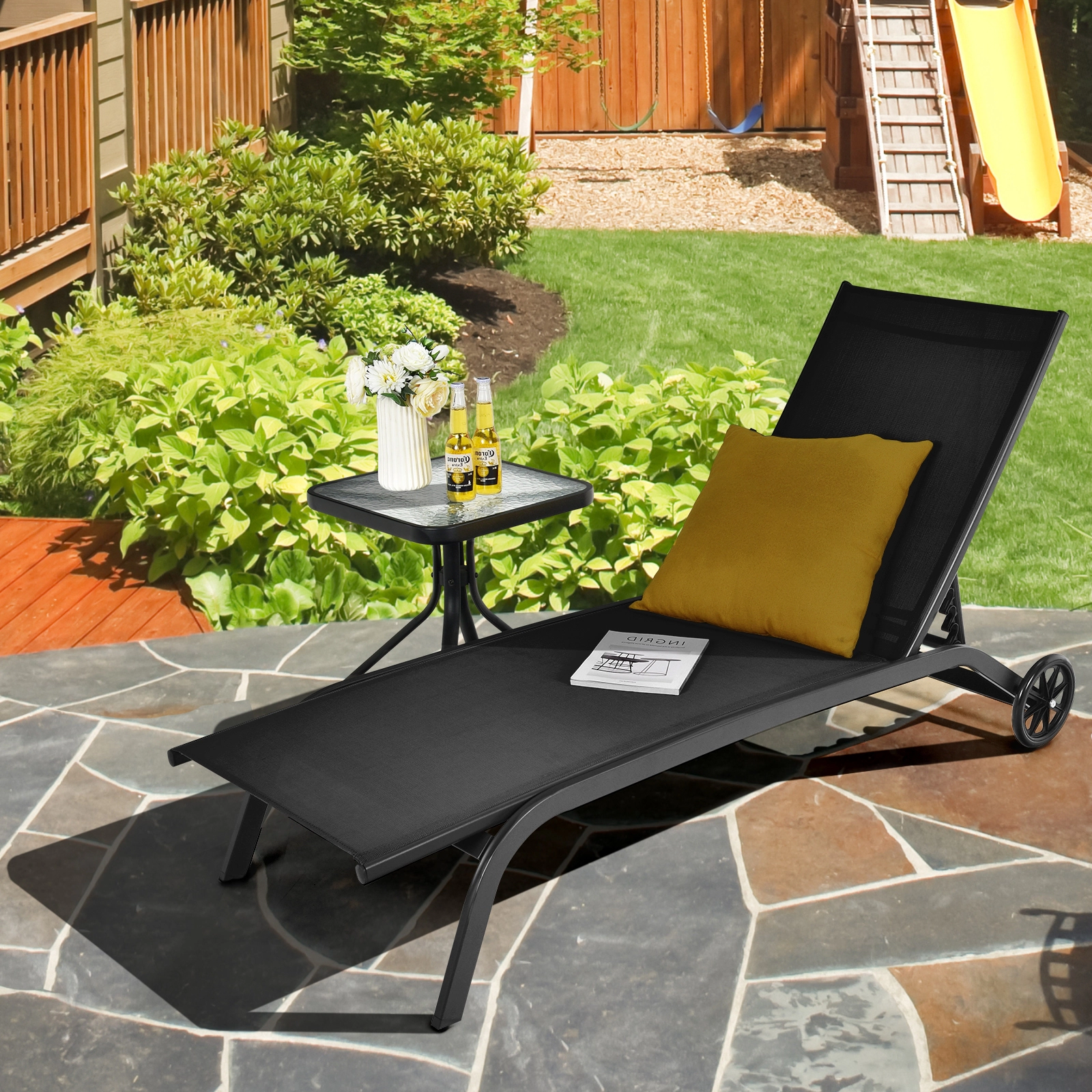 LJG 6-Position Adjustable Outdoor Chaise Recliner with Wheels