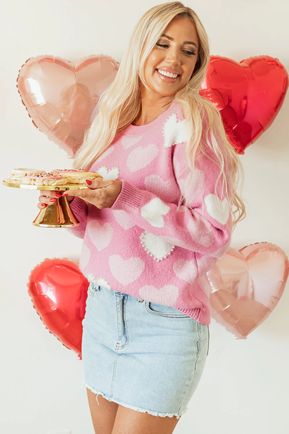 Threaded Pear Women's Pearled Heart Valentines Sweater