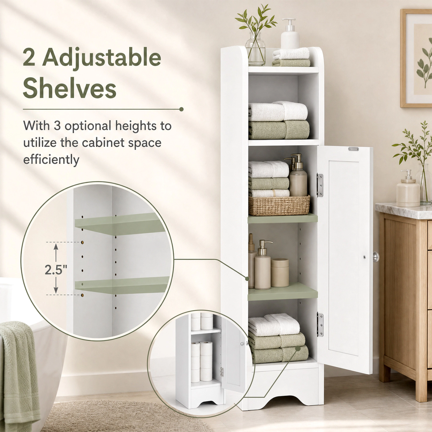 SUGIFT White 5-Tier 22-lb Shelf Capacity Corner Bathroom Storage Cabinet with Door and Raised Top Edge