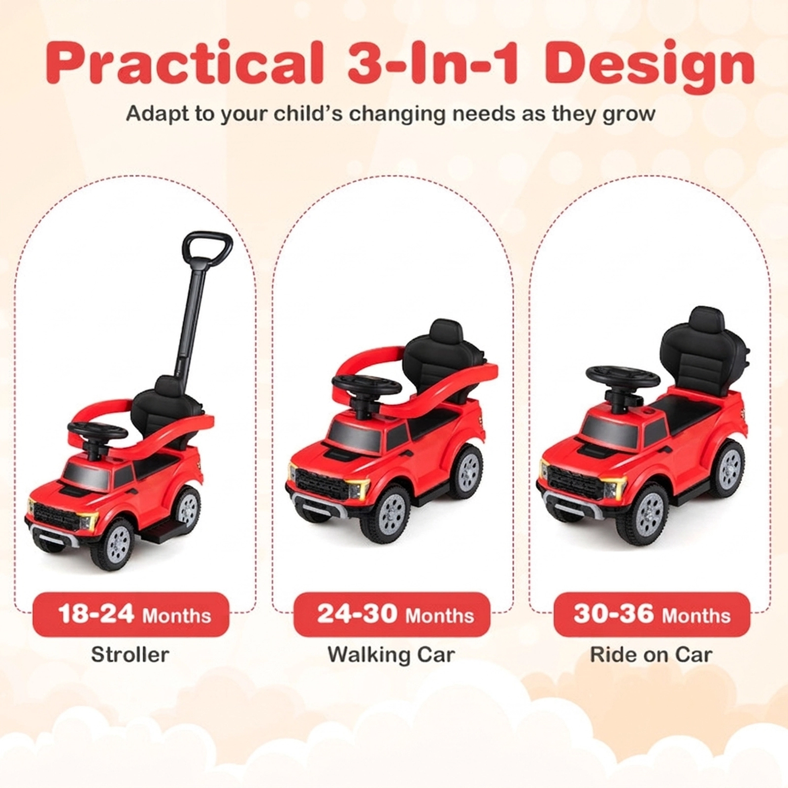 SUGIFT Kids Push 3-in-1 Ride-On Ford Truck with LED Headlights and Storage Red