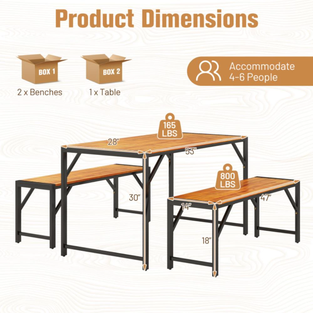 Hivvago 3 Pieces Patio Dining Set With Acacia Wood Dining Table And 2 Benches