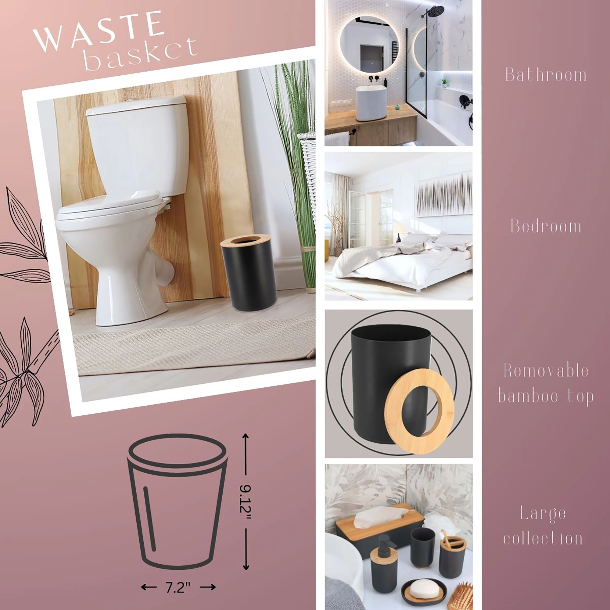 Evideco French Home Goods 5L Matte Polystyrene Trash Can with Bamboo Lid - Compact Bathroom Bin