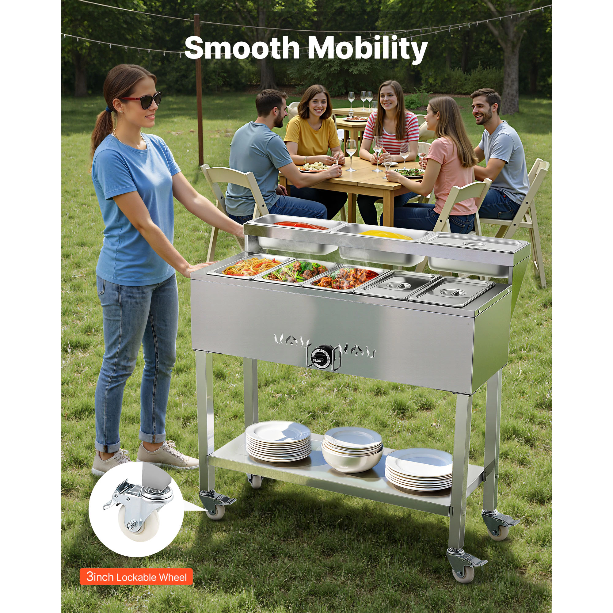 HONGGE Commercial Propane Steam Table with Drain Valve Stainless Steel Food Warmer for Outdoor