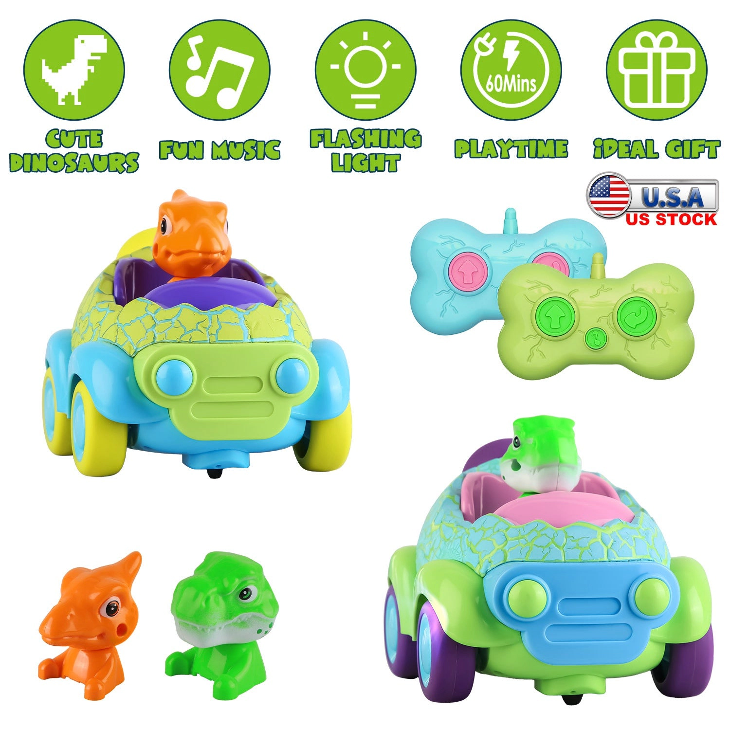 GBruno 2-Pack Rechargeable Dinosaur Remote Control Cars