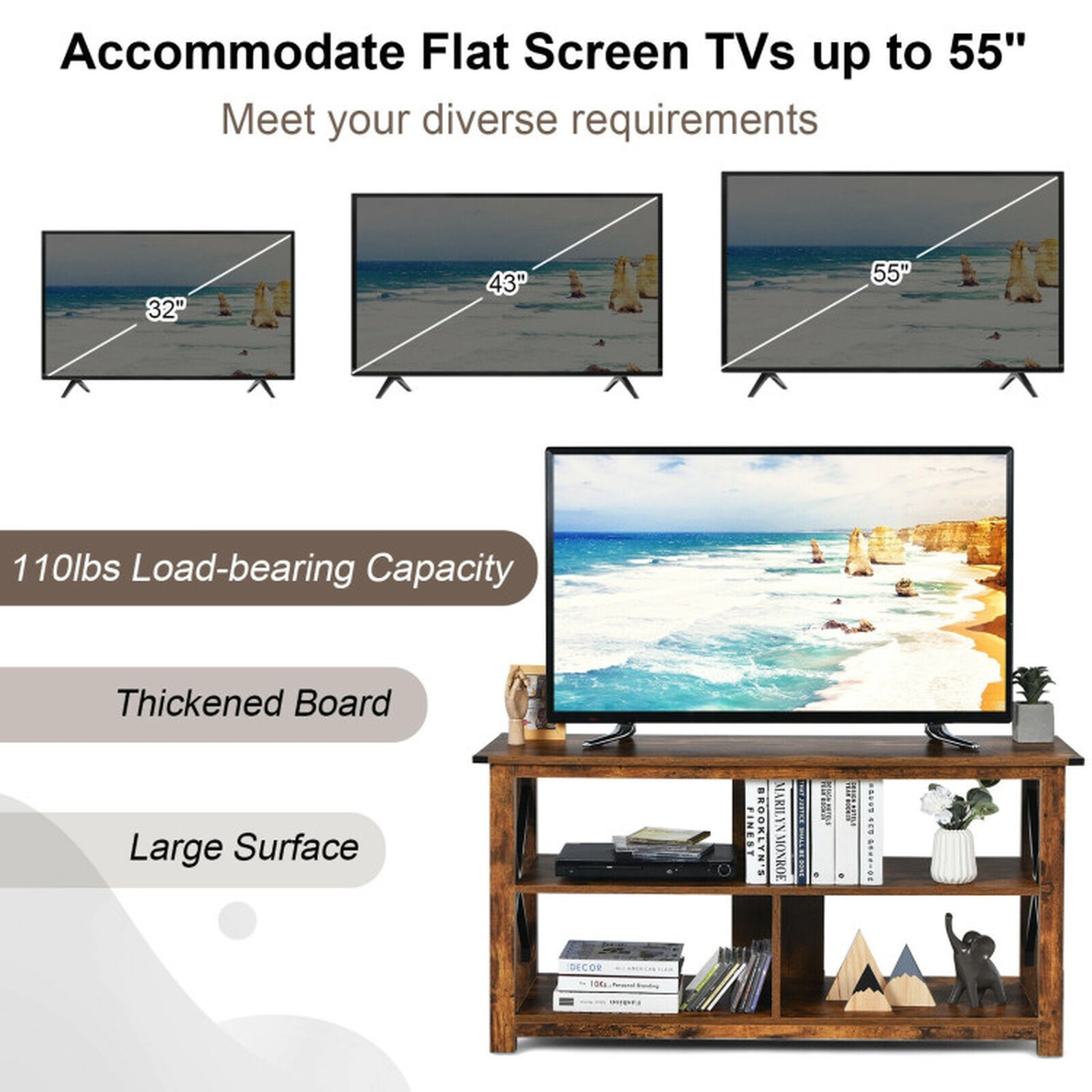 SUGIFT 3-Tier Engineered Wood TV Stand Open Shelves & X-Shaped Iron Frame for 55-in TVs 110-Lb Tabletop Capacity Brown