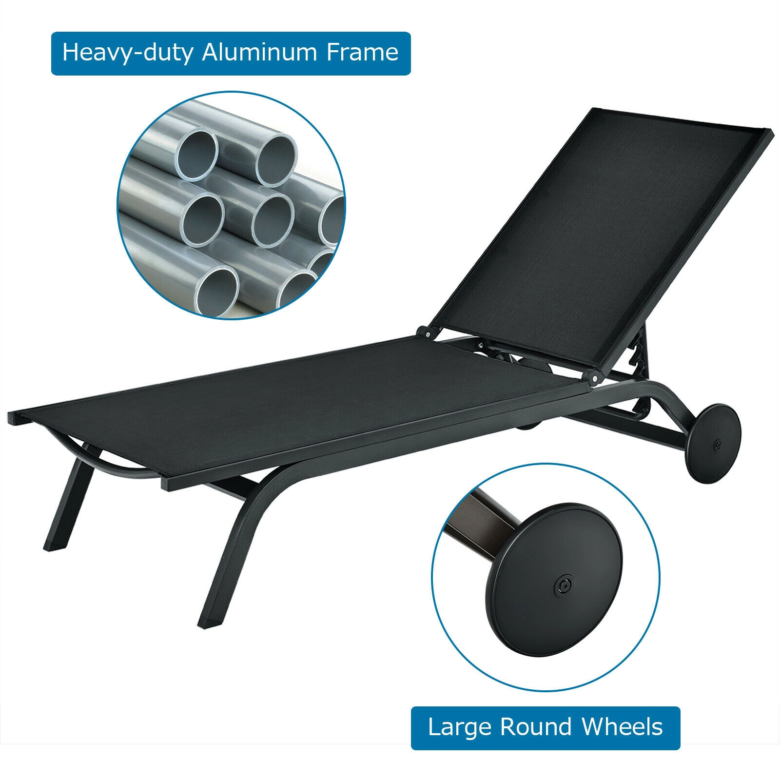 SUGIFT Adjustable Aluminum Fabric Outdoor Patio Lounge Chair 76-in Long 330-lb Capacity 6-Position Backrest Black Brown
