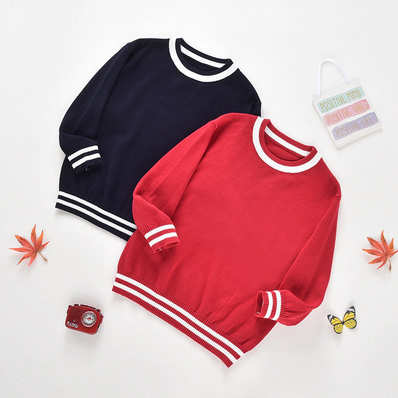 MyKids-USA Baby Solid Color Striped Hem Design O-Neck Knit Sweater