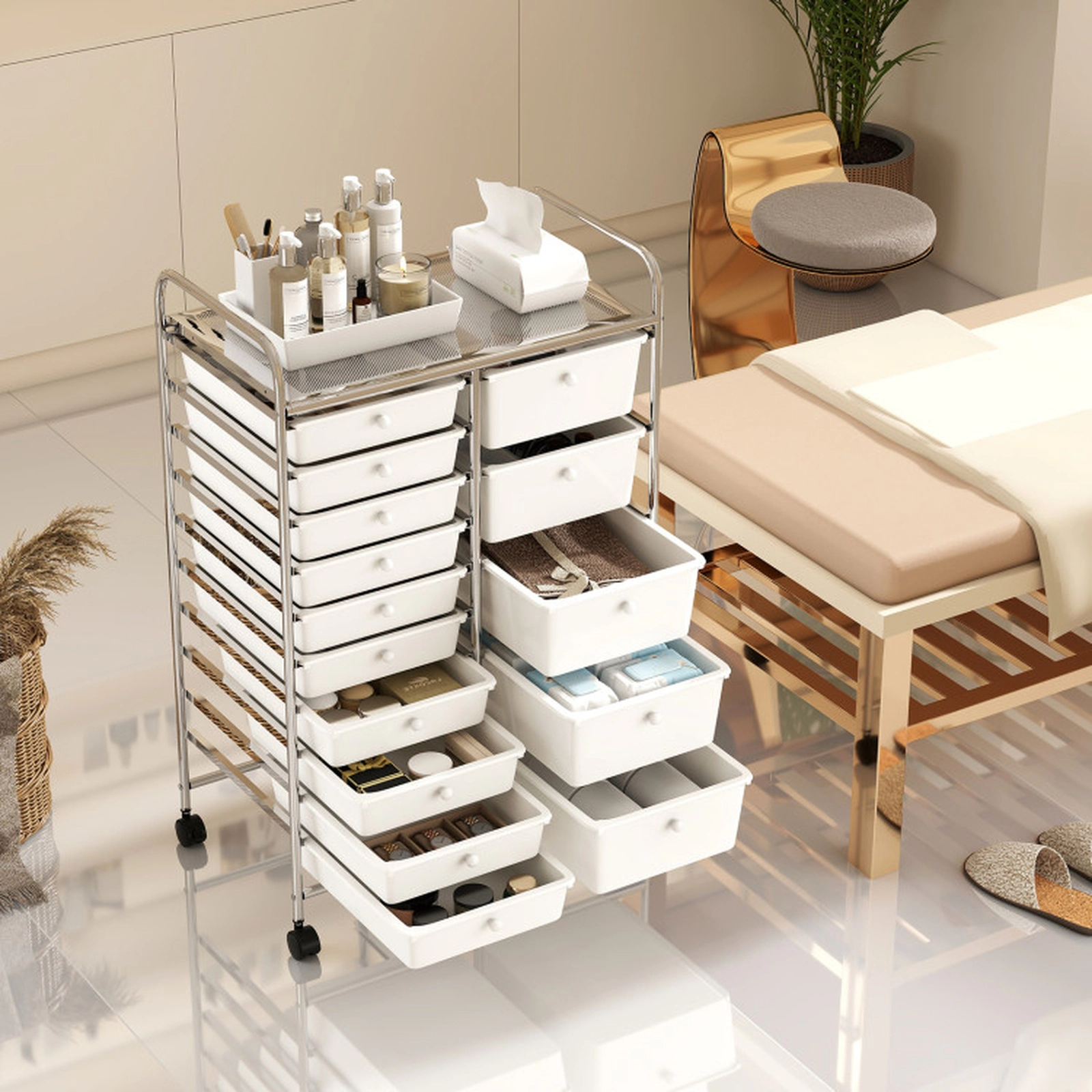 SUGIFT White 88-lb Capacity 15-Drawer Rolling Storage Trolley Cart with Chrome Plated Metal Frame