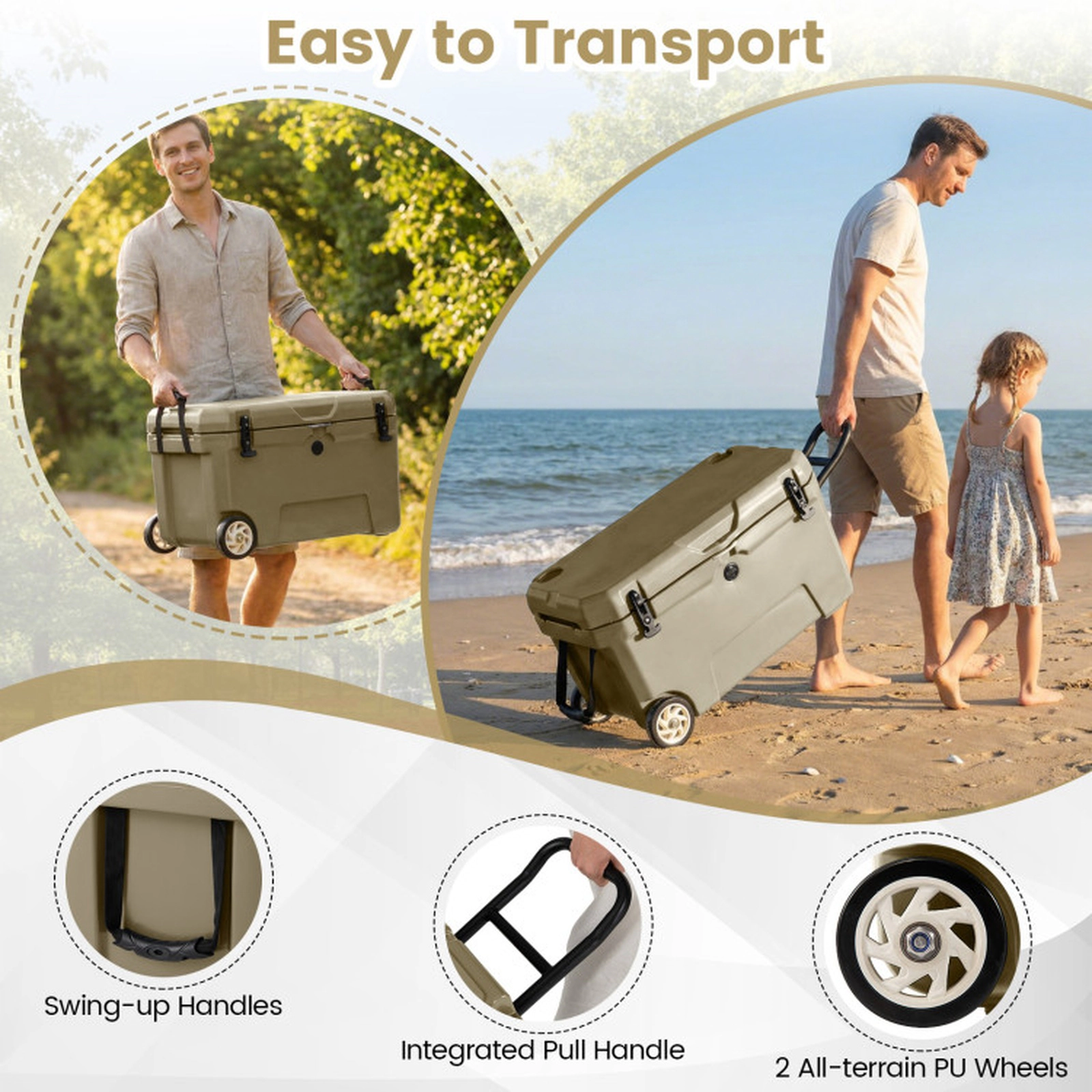 SUGIFT 52-qt Khaki Portable Hard Cooler Ice Chest with Wheels 6-Day Ice Retention and Built-In Ruler