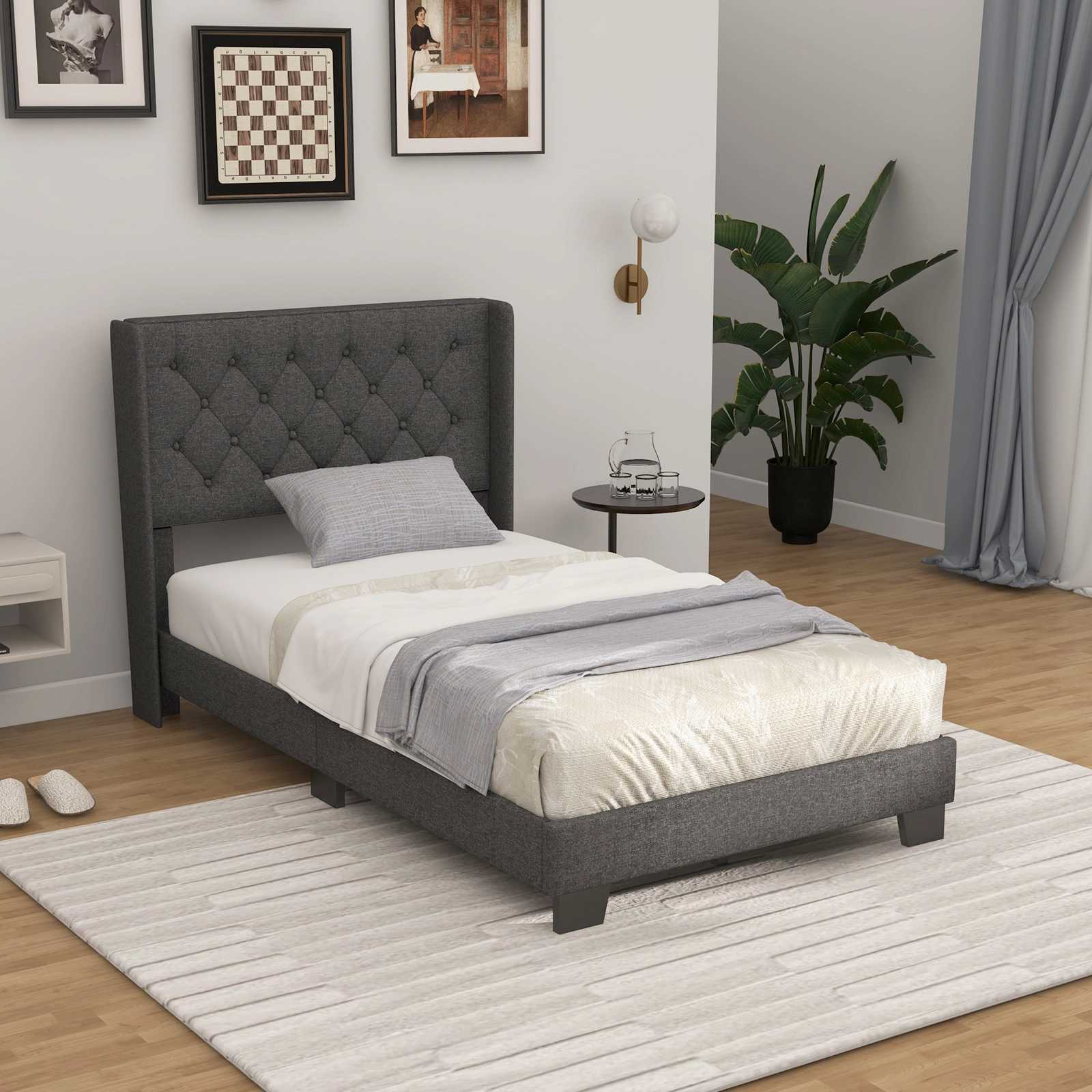 SUGIFT Twin Upholstered Platform Bed, Gray Fabric, Button-Tufted Headboard