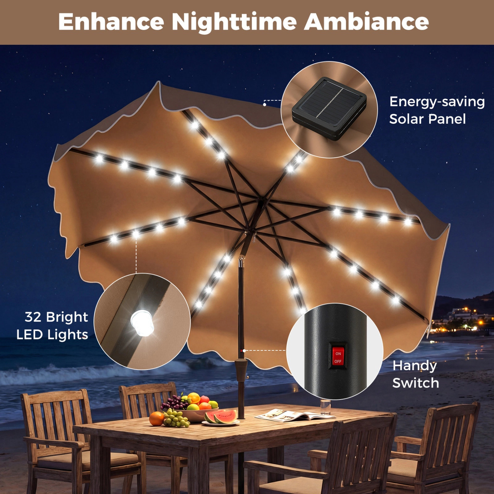SUGIFT 10-ft Solar LED Outdoor Patio Umbrella with Crank Tilt Weighted Base and Sandbags 20-lb Net Weight Brown