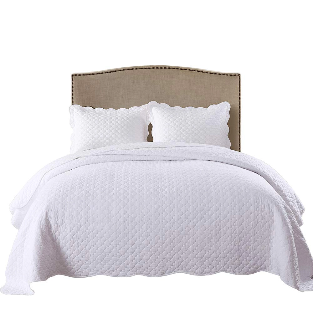 MarCielo 3 Piece 100% Cotton White Quilt Set, Lightweight Quilted Bedspread Set