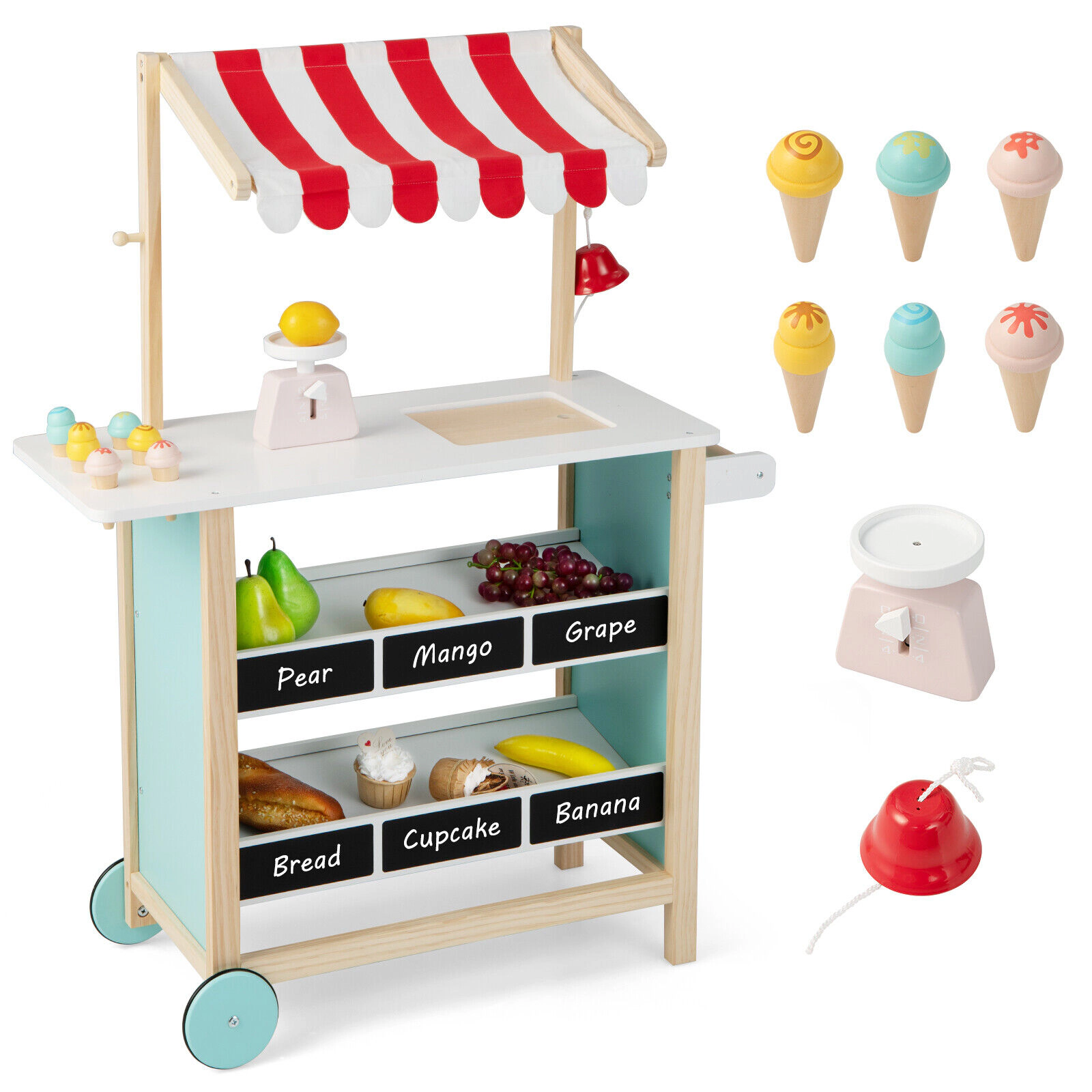LJG Kids Wooden Ice Cream Cart with Chalkboard and Storage
