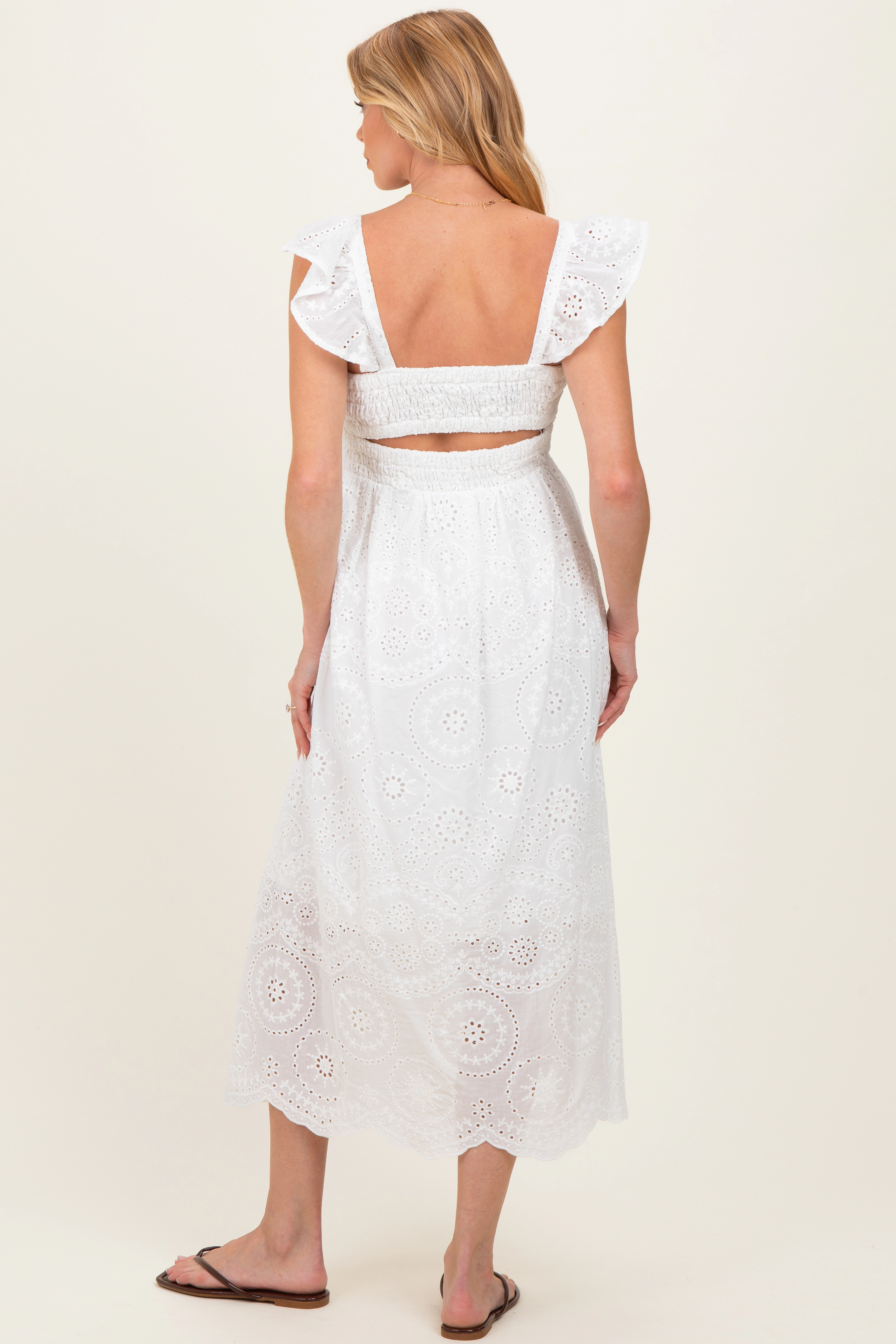 PinkBlush Womens White Embroidered Smocked Cutout Maternity Midi Dress