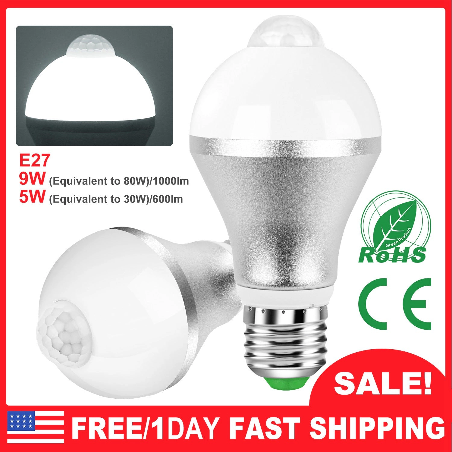 GBruno 9W Motion Sensor LED Light Bulb