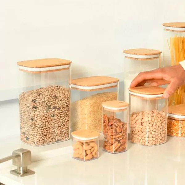 OU Airtight Food Storage Container Set 8pc, Clear Plastic Container w/ Leak Proof Bamboo Lid, Stackable Pantry Organizer