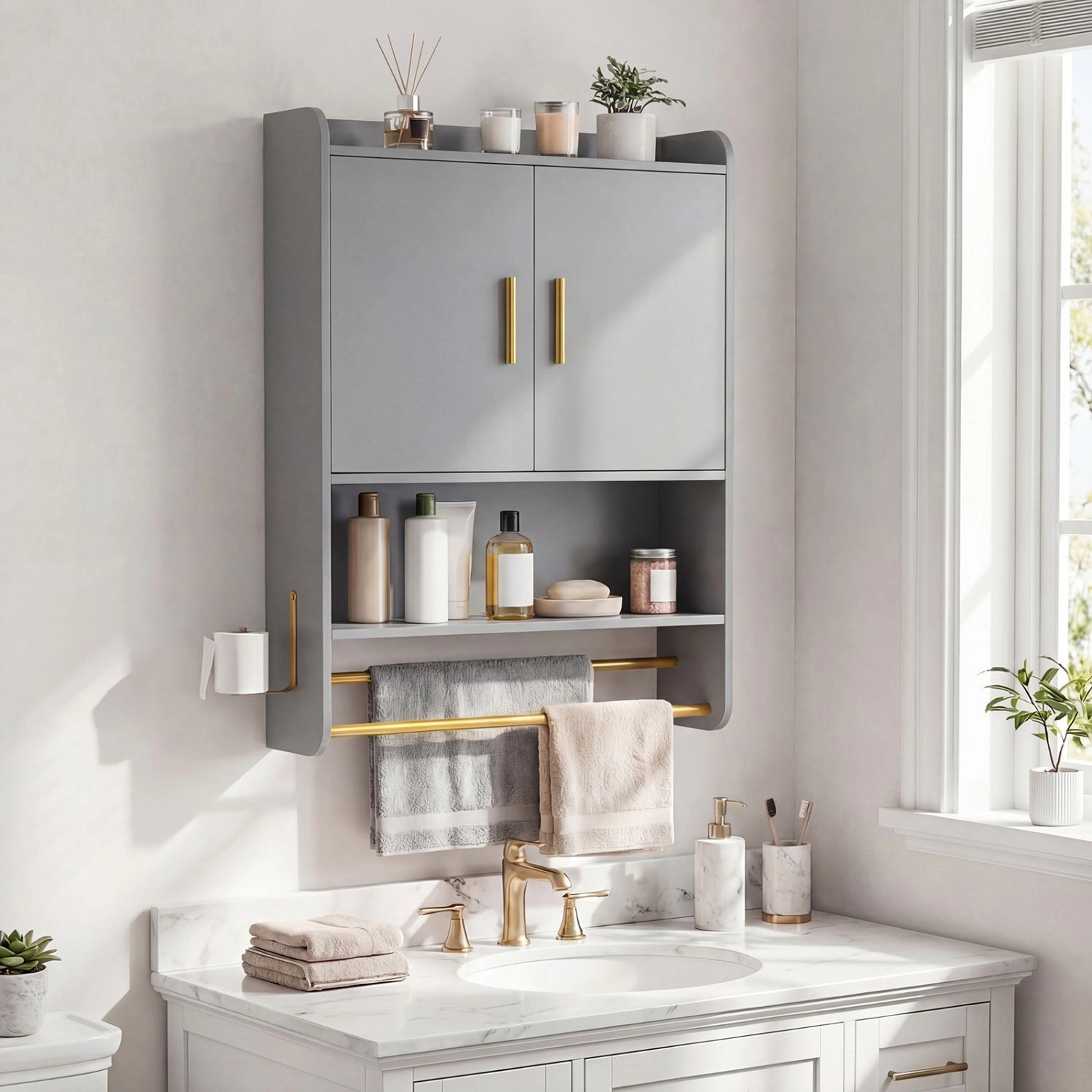 SlickBlue Bathroom Wall Cabinet with Adjustable Shelf and Towel Bars