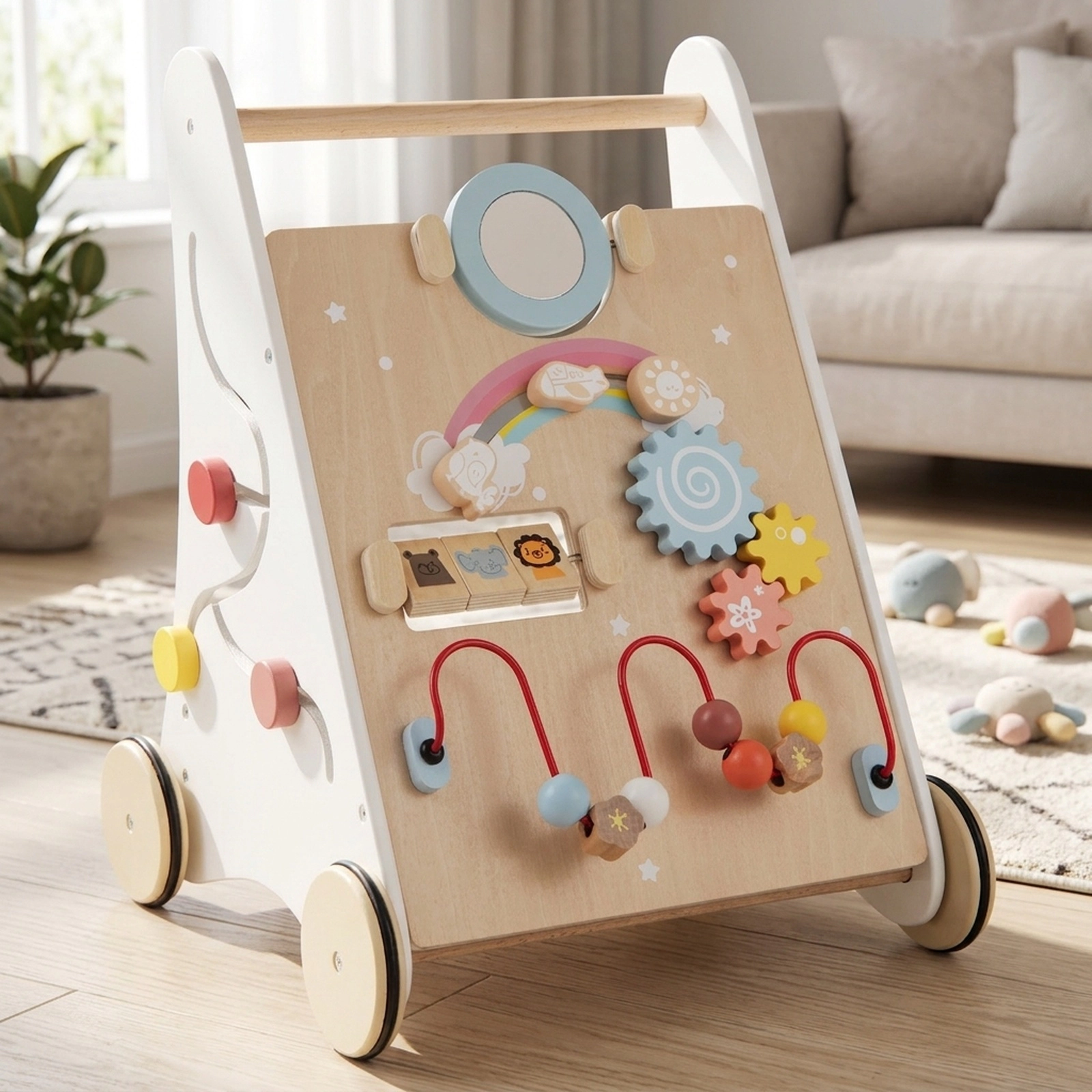 Wooden Baby Push Walker with Activity Center Rubberized Quiet Wheels and Rear Storage Basket in White