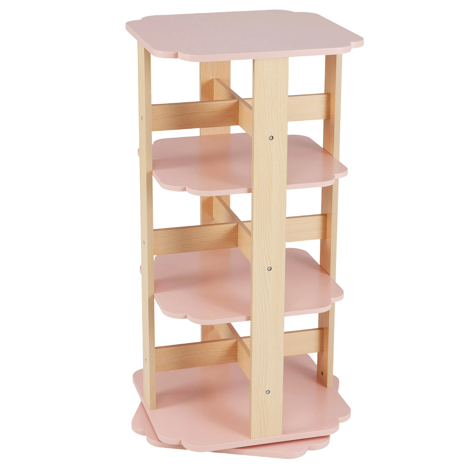 SUGIFT 3-Tier Rotating Corner Toddler Book Rack Toy Organizer with 12 Sectors 38-in Tall Ages 3+ Pink MDF