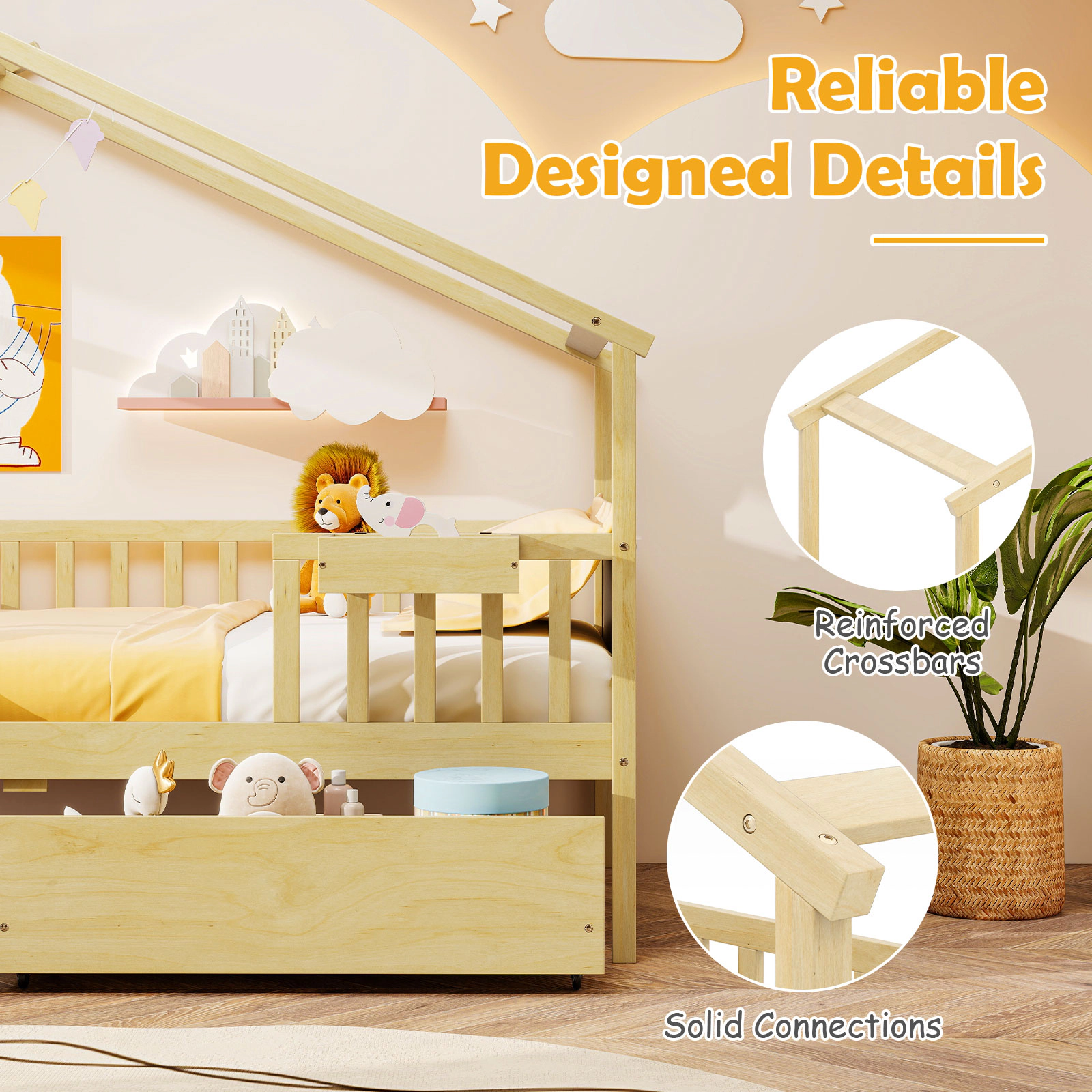 SUGIFT House Twin Bed Frame with Roof & Fence Rails 200-lb Capacity with 2 Storage Drawers & Storage Box Natural White