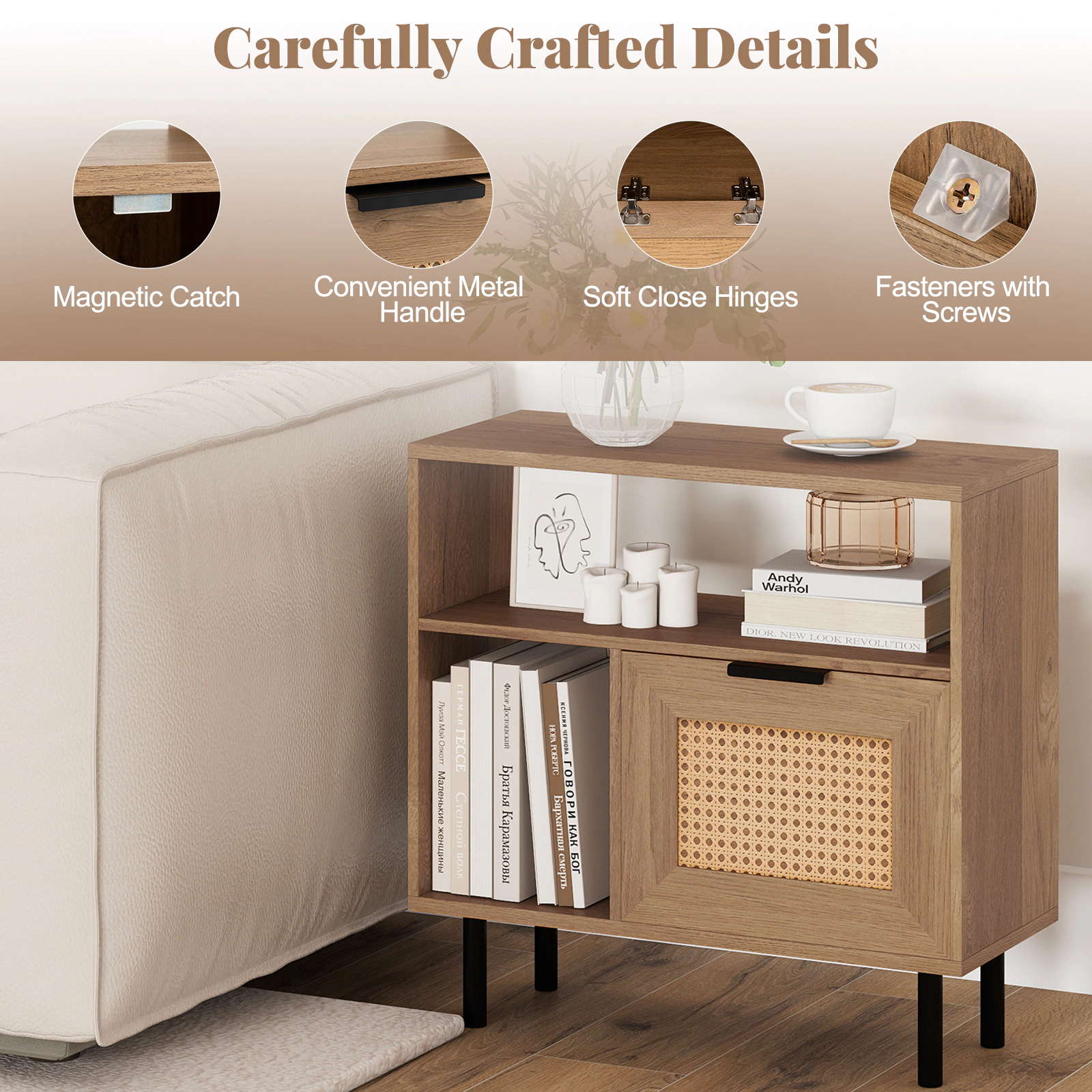 Glintex Narrow PE Rattan Side Table with Enclosed Cabinet and Soft-Close Hinges, Natural