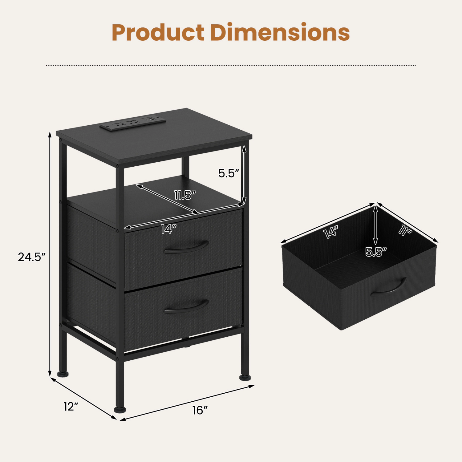 Hivvago Nightstand with Charging Station 24.5 inch Modern Bedside Table 2 Fabric Drawers