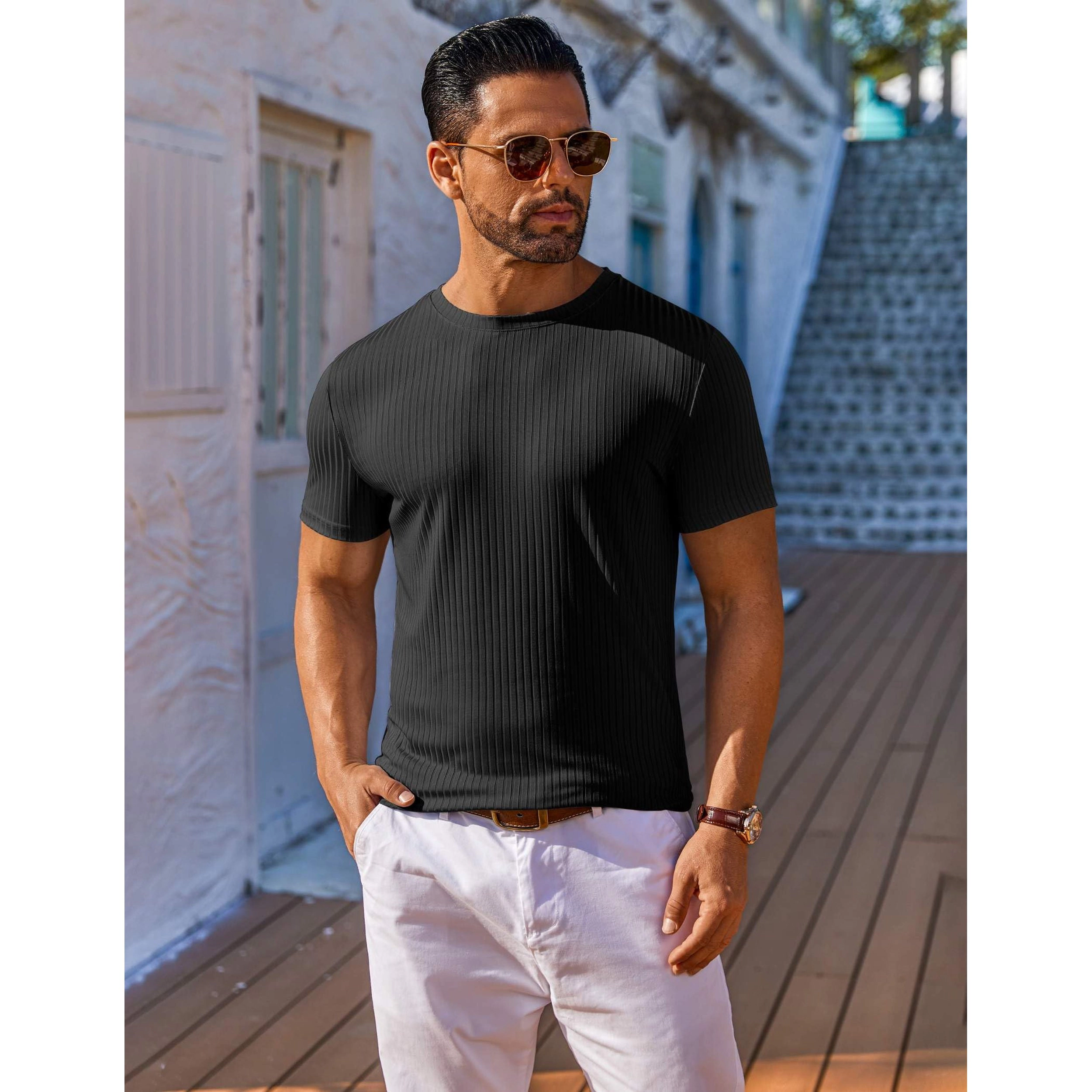 COOFANDY Men's Slim Fit Ribbed Crew Neck Short Sleeve T-Shirt