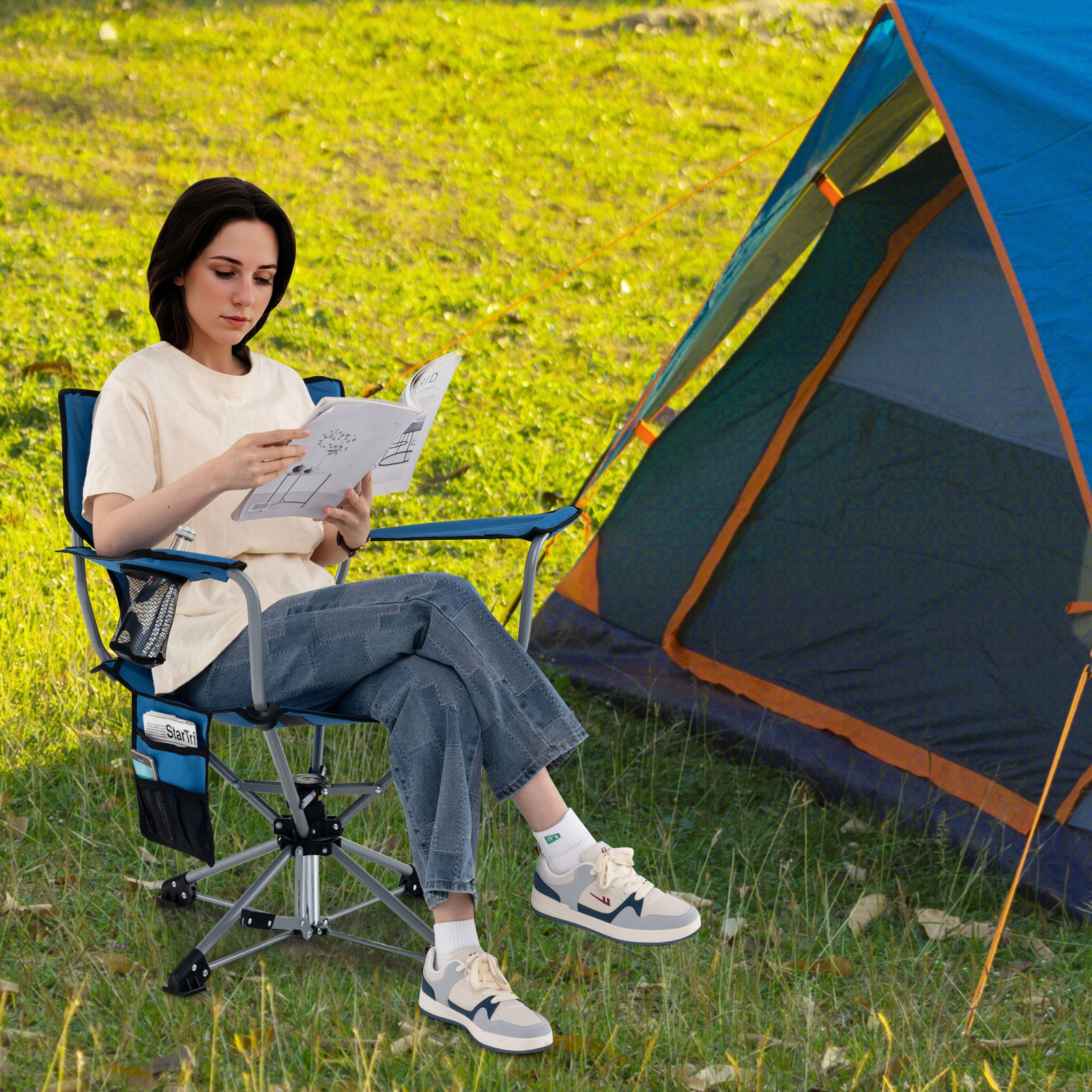 SUGIFT Blue 360-Degree Swivel Hunting Chair with Mesh Cup Holder 32-in W 21-in D 35-in H 300-lb Seat Capacity