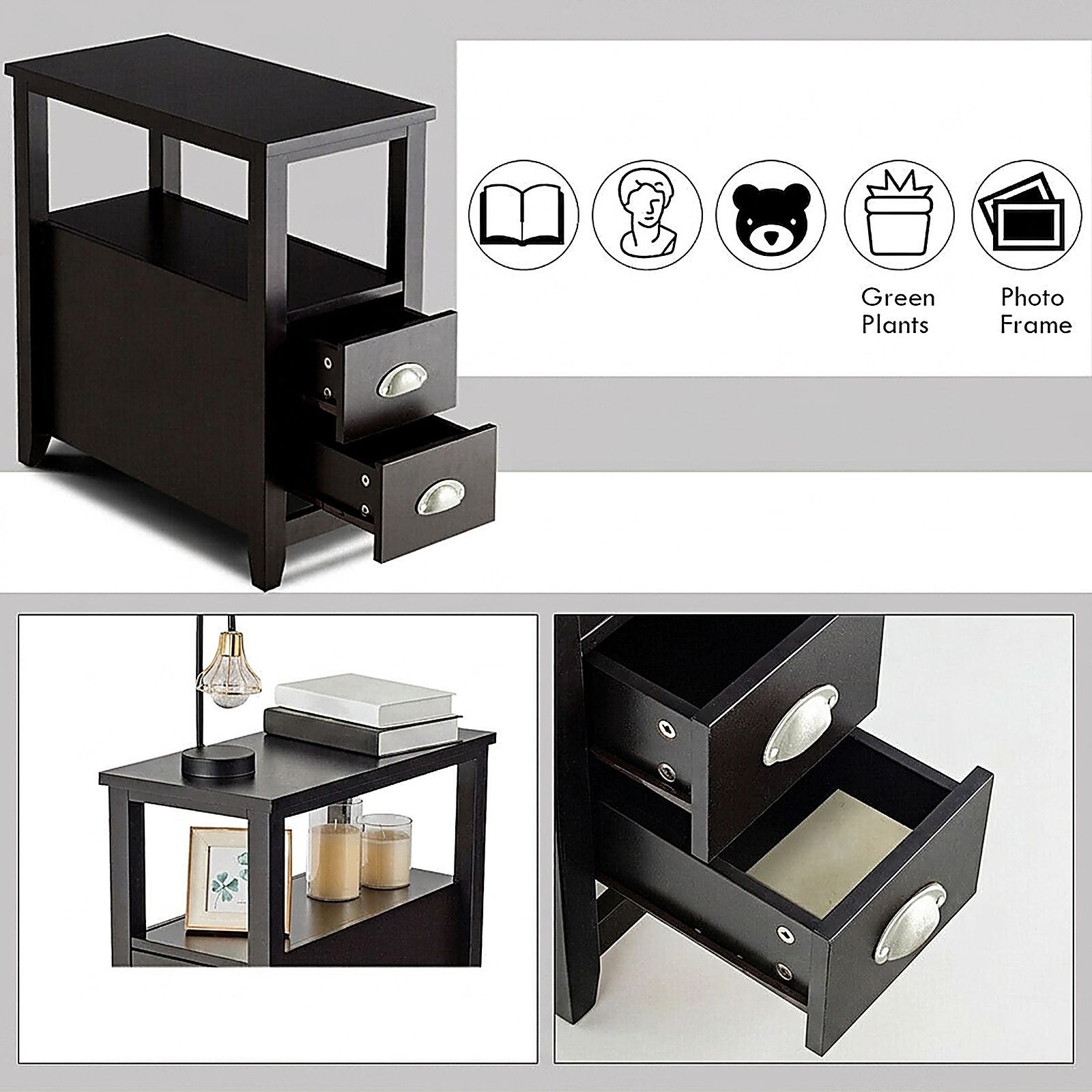 SUGIFT Set of 2 Dark Brown End Tables, 24 in Sofa Side Tables with Drawer and Open Shelf