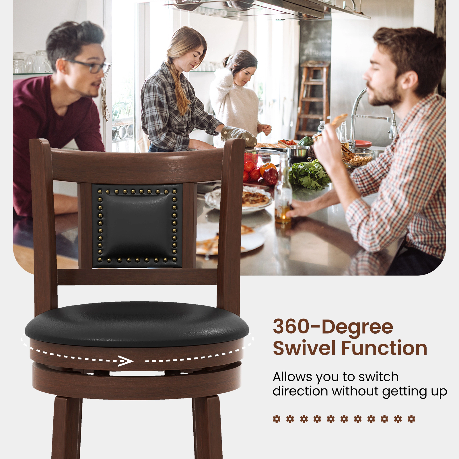 SUGIFT Swivel Upholstered Bar Stools Set of 2 with Curved Backrest and Footrest 250-lb Capacity Espresso & Black