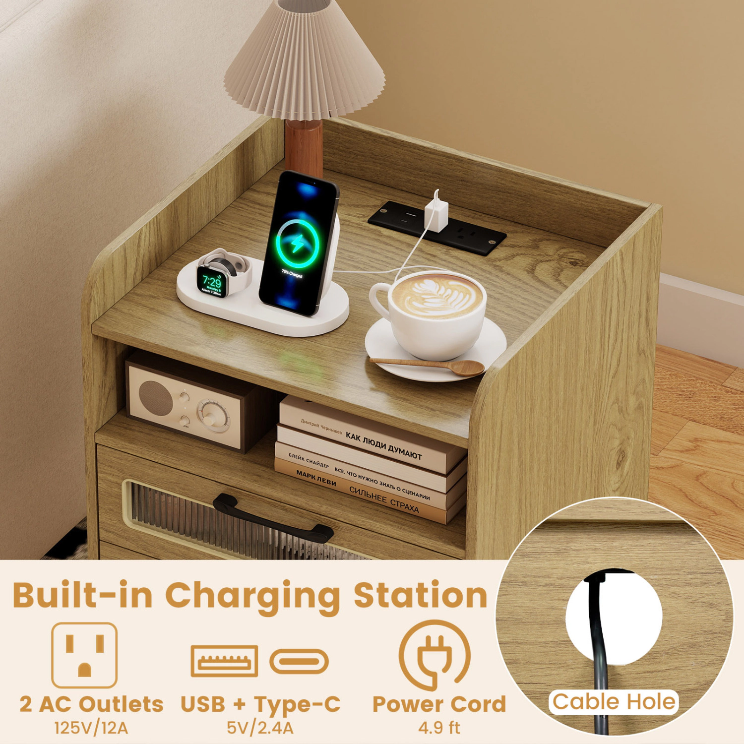 Glintex Mid-Century LED Nightstand with Fluted Drawer Fronts and Anti-Drop Stoppers