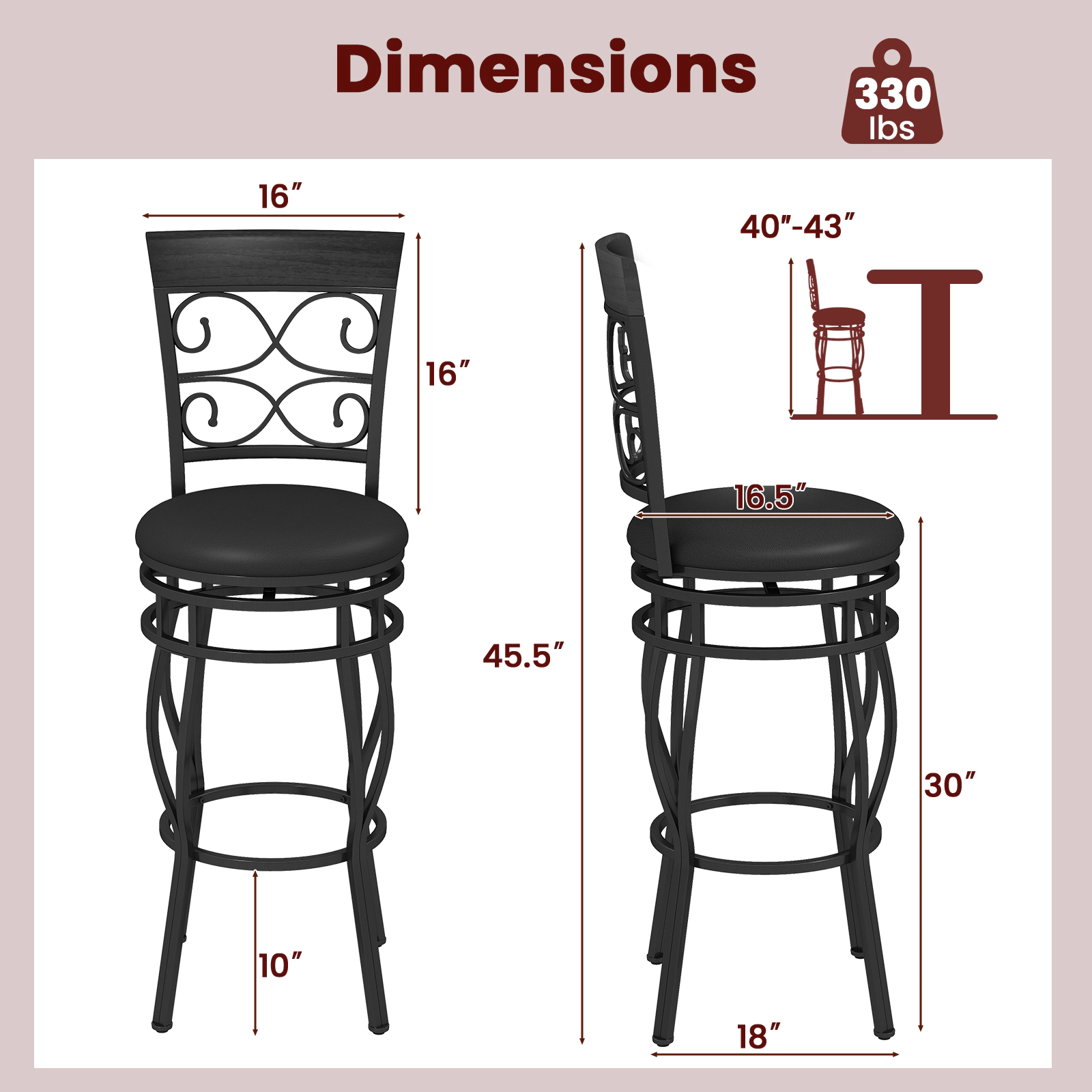 SUGIFT Set of 2 30-in Swivel Bar Stools with Backrest and Footrest 300-lb Capacity 18-in Wide Seat Black PU Leather