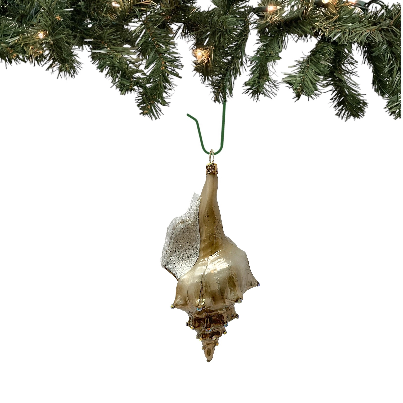 Pinnacle Peak Trading Company Brown and White Jeweled Seashell Polish Glass Christmas Ornament Shell Coastal