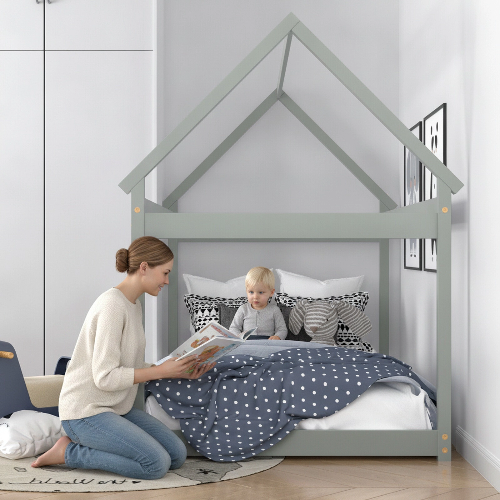 SUGIFT Gray Twin Kids House Floor Bed with Roof Frame, Wood Slats, 300-lb Capacity