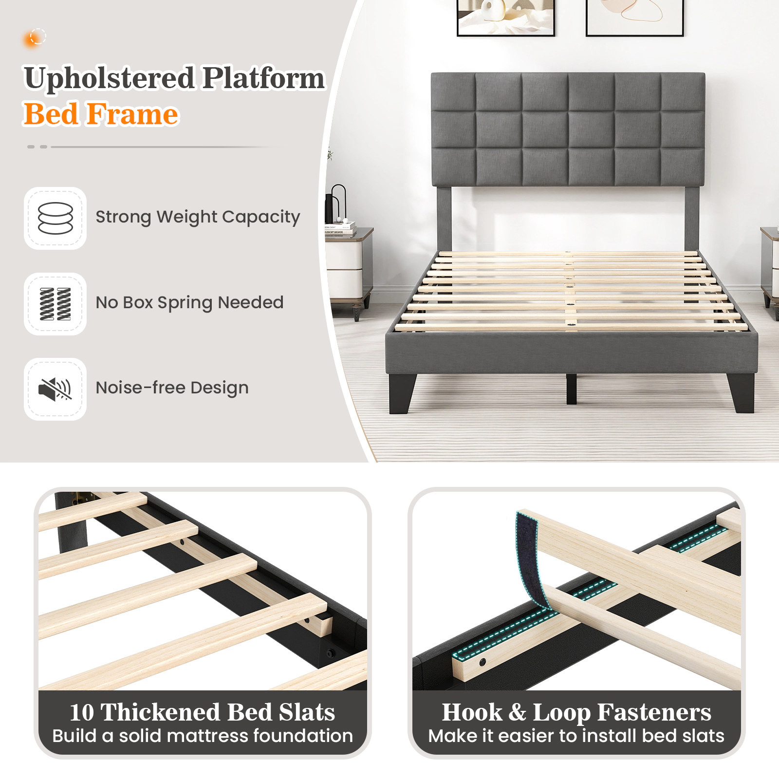 SUGIFT Full Bed Frame, Gray Linen Upholstered Platform Bed with Adjustable Headboard