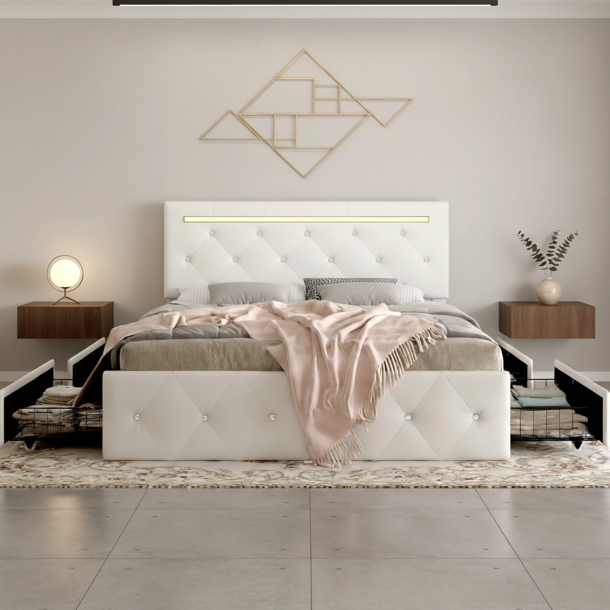 Flynama Full LED Bed Frame with 4 Drawers, PU Upholstery, Adjustable Headboard & Charger, White