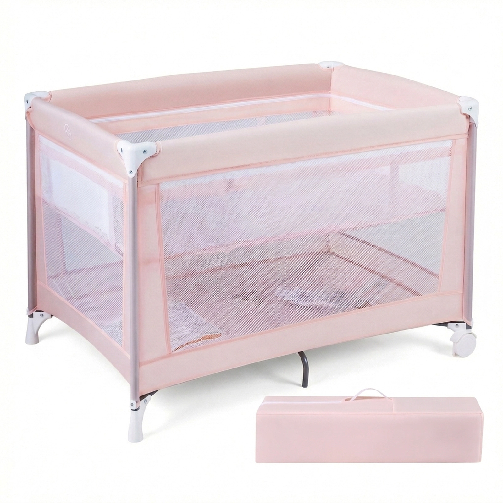SUGIFT Folding Baby Playard Travel Crib with Soft Mattress 30-lb Playpen 15-lb Bassinet Capacity Ages 0-3 Years Pink