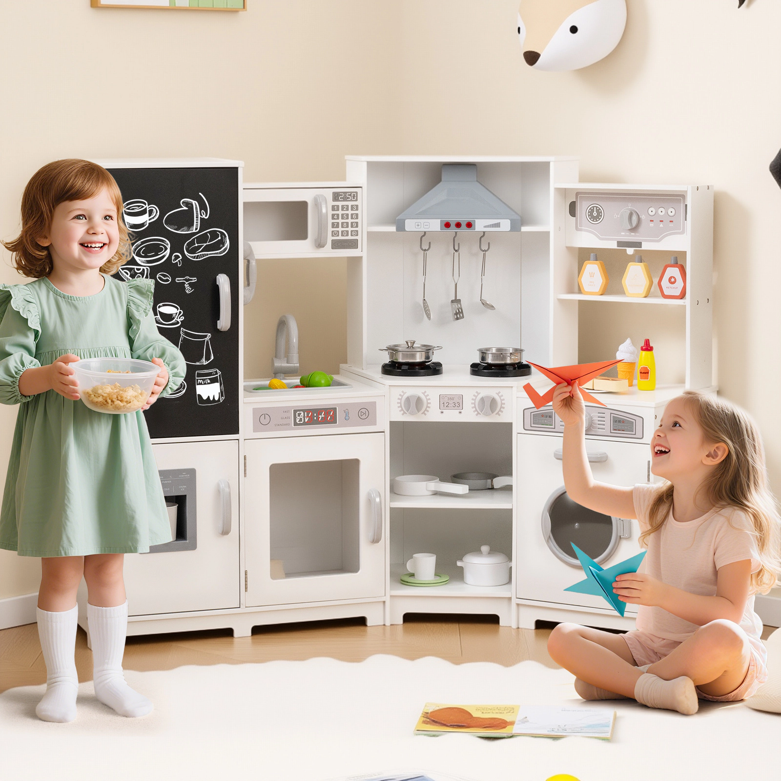 SUGIFT Corner Wooden Play Kitchen Lights & Sounds Large Pretend Play Kitchen Set 52-in Wide Ages 3+ White Espresso Pink