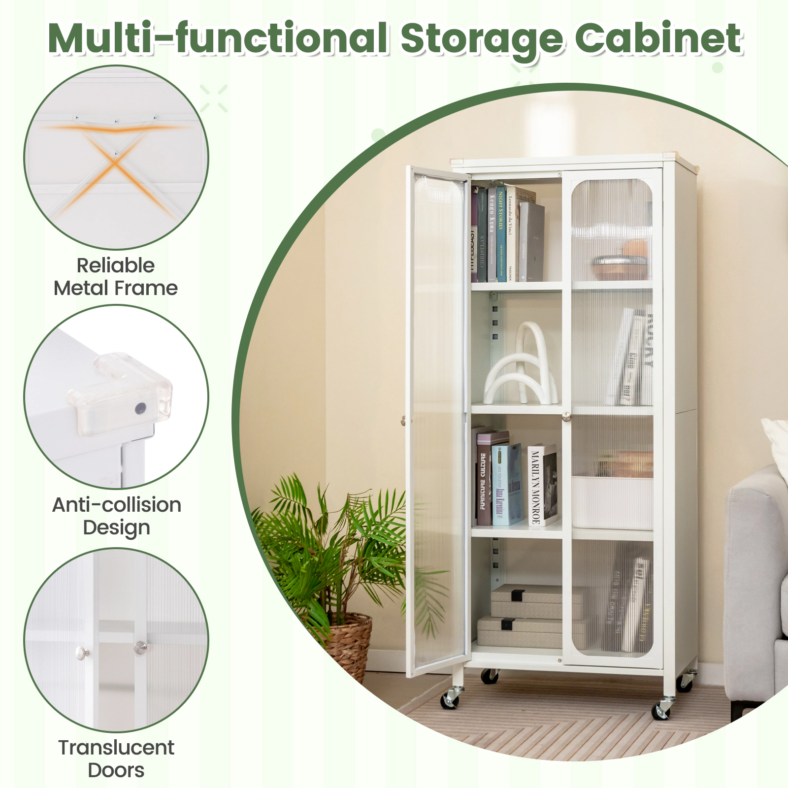 SUGIFT White Wheels and 2 Adjustable Shelves Glass Door Storage Cabinet