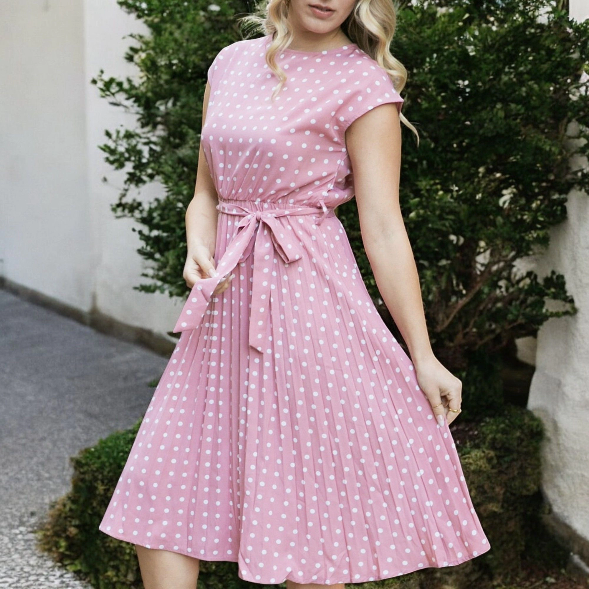 Anna-Kaci Women's Polka Dot Midi Dress - Cap Sleeves, Pleated Skirt, Removable Waist Tie