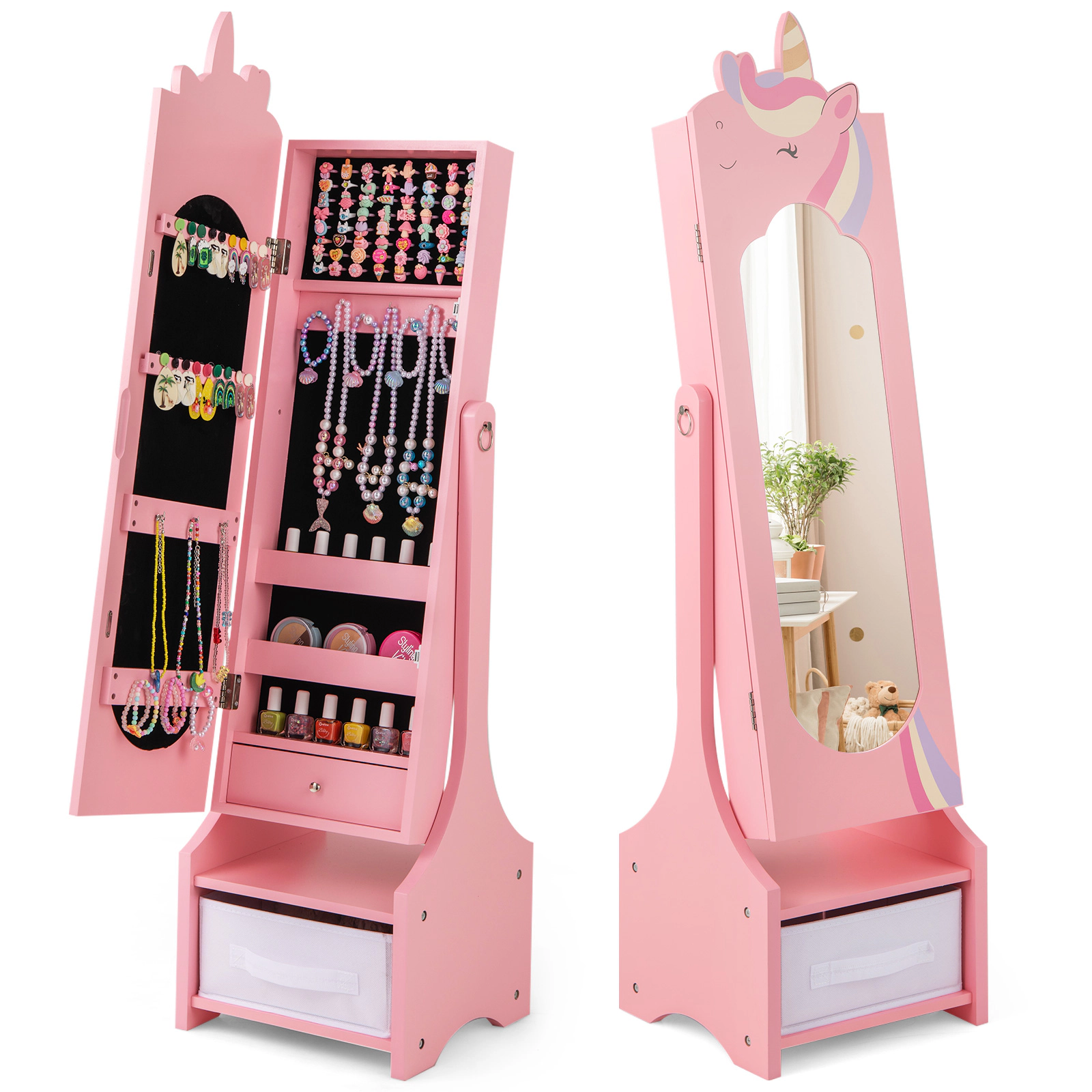 Hivvago Kids Jewelry Armoire Cabinet with Storage and 2 Tilt Angles