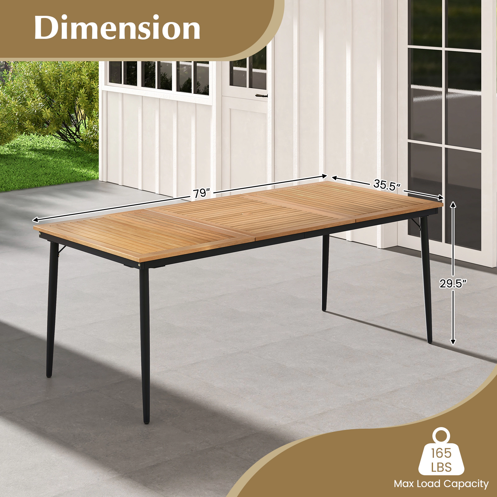 SUGIFT 79-in Acacia Wood Outdoor Dining Table for 8 with 1.9-in Umbrella Hole Natural & Black