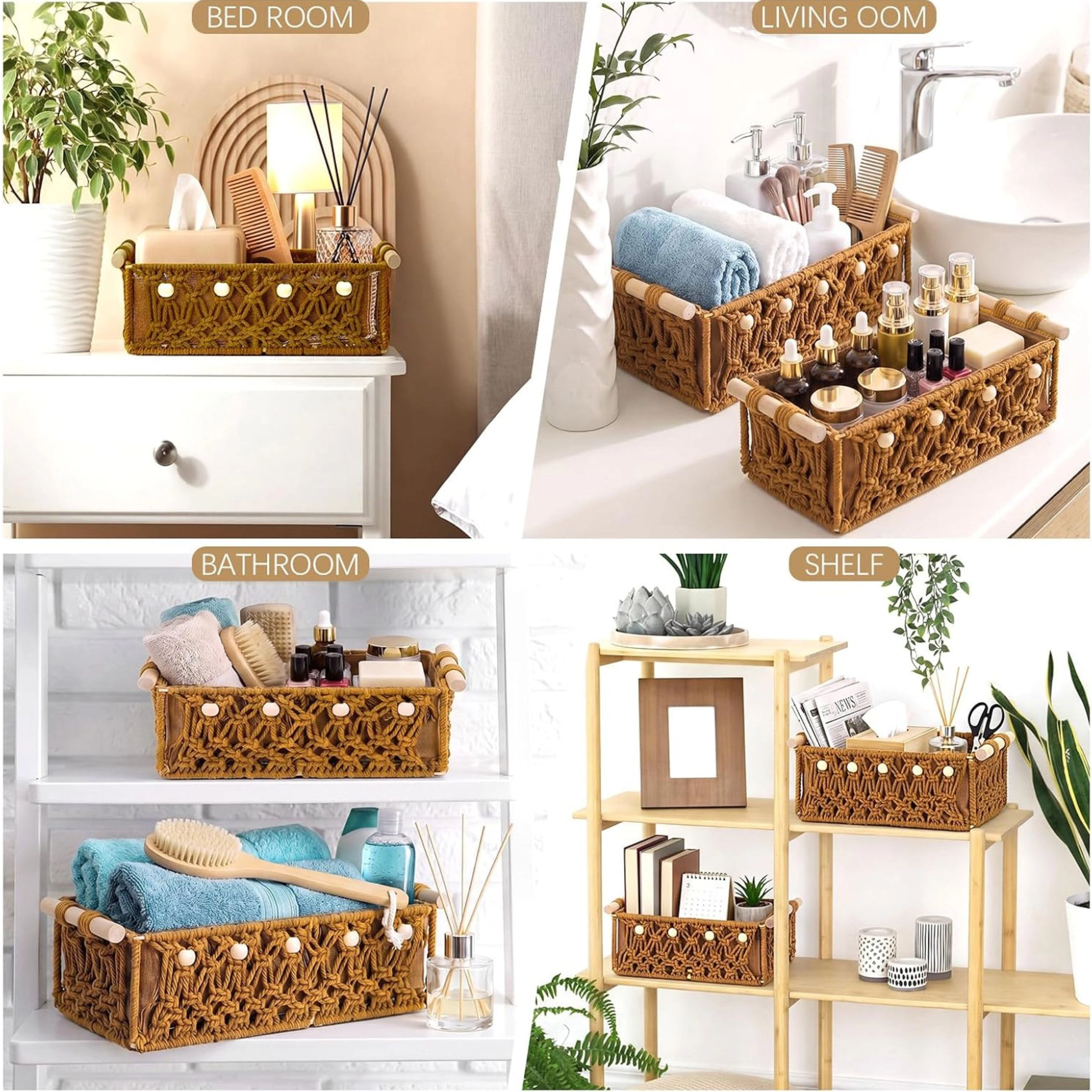 Stock Preferred Pack of 4 Macrame Storage Baskets with Wood Handles 13x11 Inch