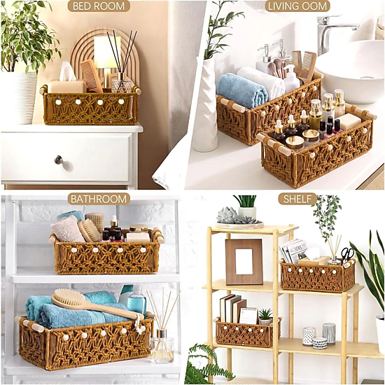 Stock Preferred Pack of 4 Macrame Storage Baskets with Wood Handles 13x11 Inch